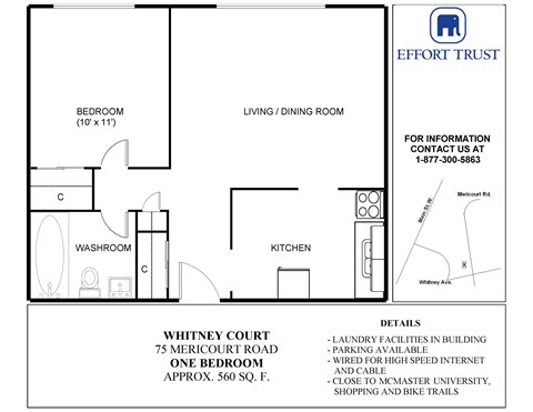 Floor plan for 1 bed, 1 bath, 560 sqft